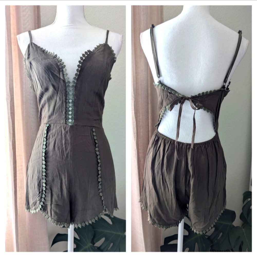 Khaki Open Back Tie String Romper